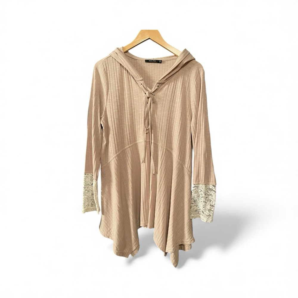 Women's Beige Lace Sleeve Hooded Top - Picture 2 of 3